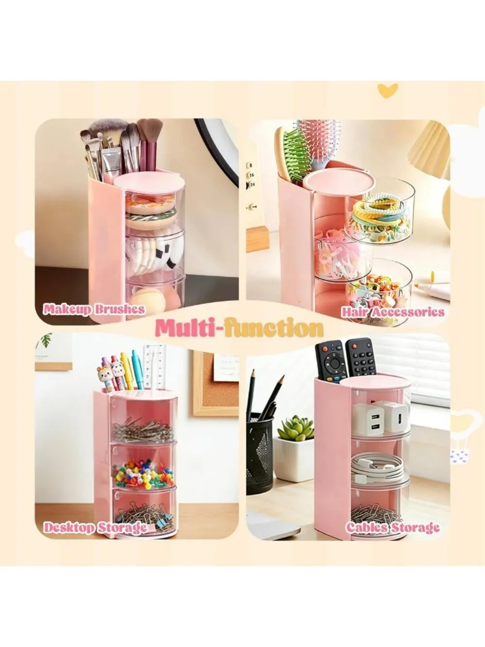 Stylish 3-Layer Hair Accessories Organizer & Rotatable Makeup Brush Holder